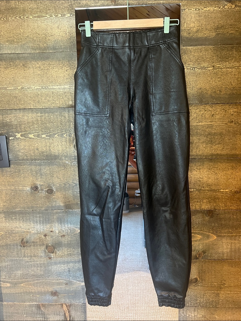 SPANX Black Faux Leather Joggers with Front Pockets